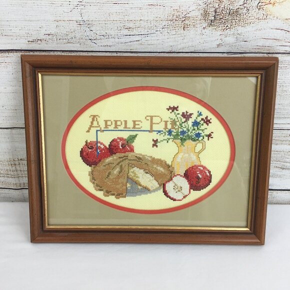 VTG Cross Stitch Apples Pie Fruit Flowers Counted Embroidery Finished Framed - Picture 1 of 6